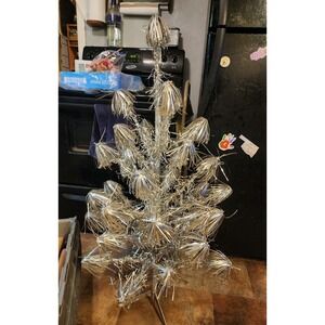 Vintage 4 Foot Splendor Aluminum Pom Pom Fountain Christmas Tree W/ Color Wheel